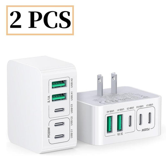 50W Dual USB C Charger Block - 5-Port Fast Charging Cube (2-Pack) for iPhone, iPad, Samsung - PD Power Adapter & QC 3.0 Wall Plug