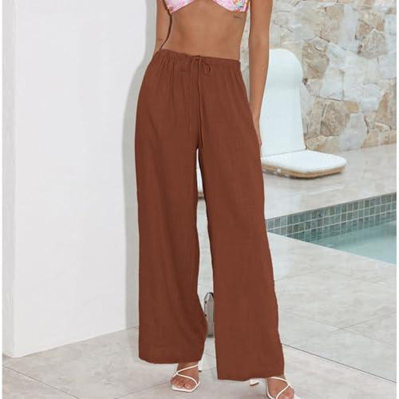 Women's Cotton Linen Palazzo Pants with Pockets - Casual Wide Leg Trousers featuring Drawstring Elastic Waist