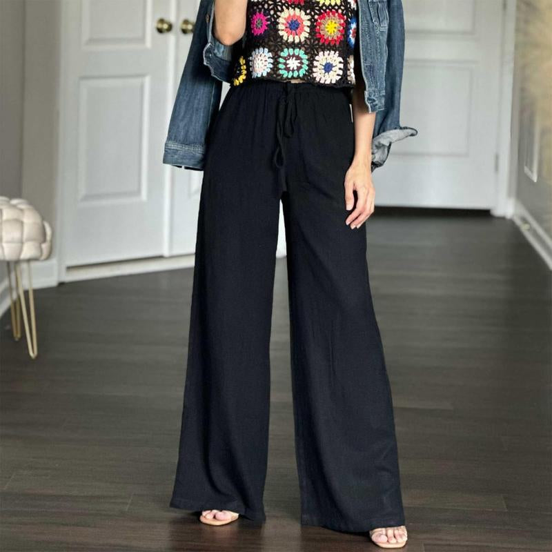 Women's Cotton Linen Palazzo Pants with Pockets - Casual Wide Leg Trousers featuring Drawstring Elastic Waist