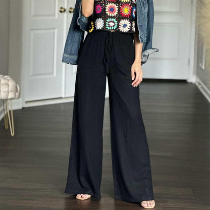 Women's Cotton Linen Palazzo Pants with Pockets - Casual Wide Leg Trousers featuring Drawstring Elastic Waist