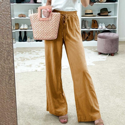 Women's Cotton Linen Palazzo Pants with Pockets - Casual Wide Leg Trousers featuring Drawstring Elastic Waist