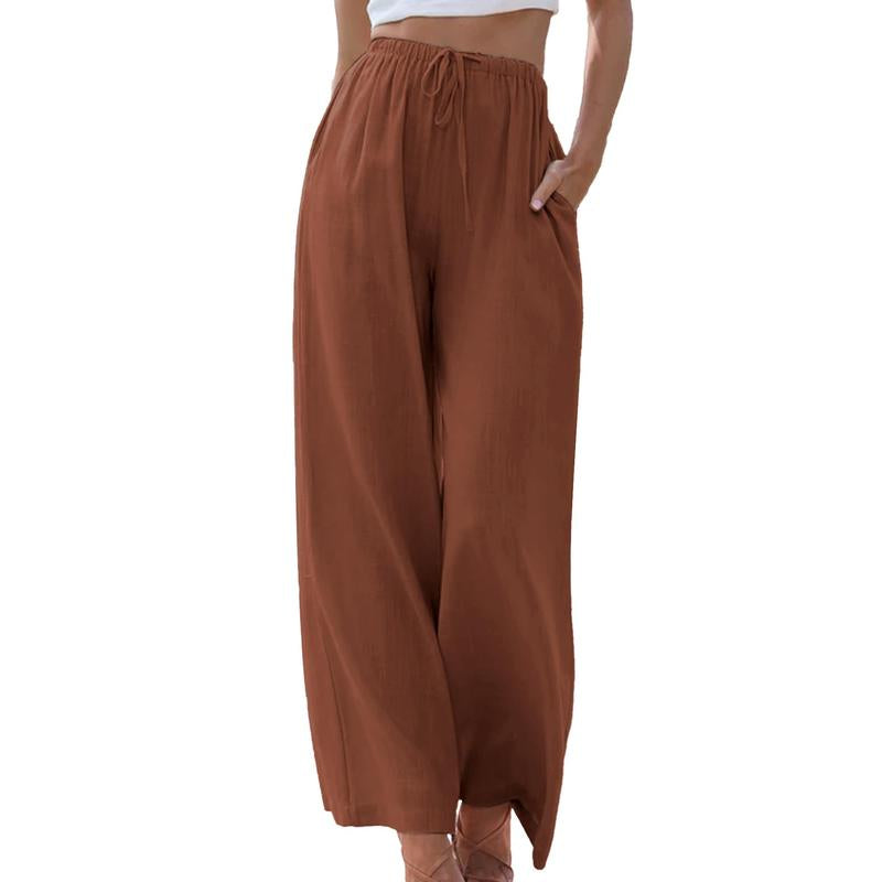 Women's Cotton Linen Palazzo Pants with Pockets - Casual Wide Leg Trousers featuring Drawstring Elastic Waist