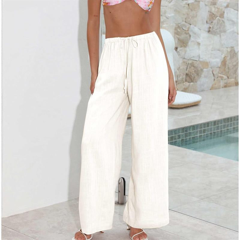 Women's Cotton Linen Palazzo Pants with Pockets - Casual Wide Leg Trousers featuring Drawstring Elastic Waist