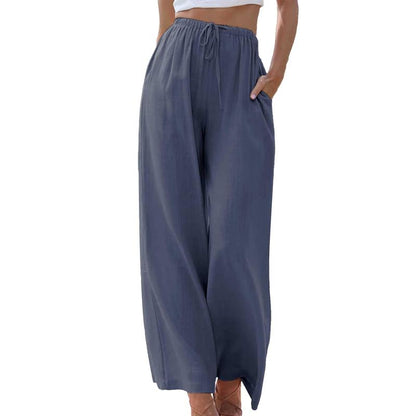 Women's Cotton Linen Palazzo Pants with Pockets - Casual Wide Leg Trousers featuring Drawstring Elastic Waist