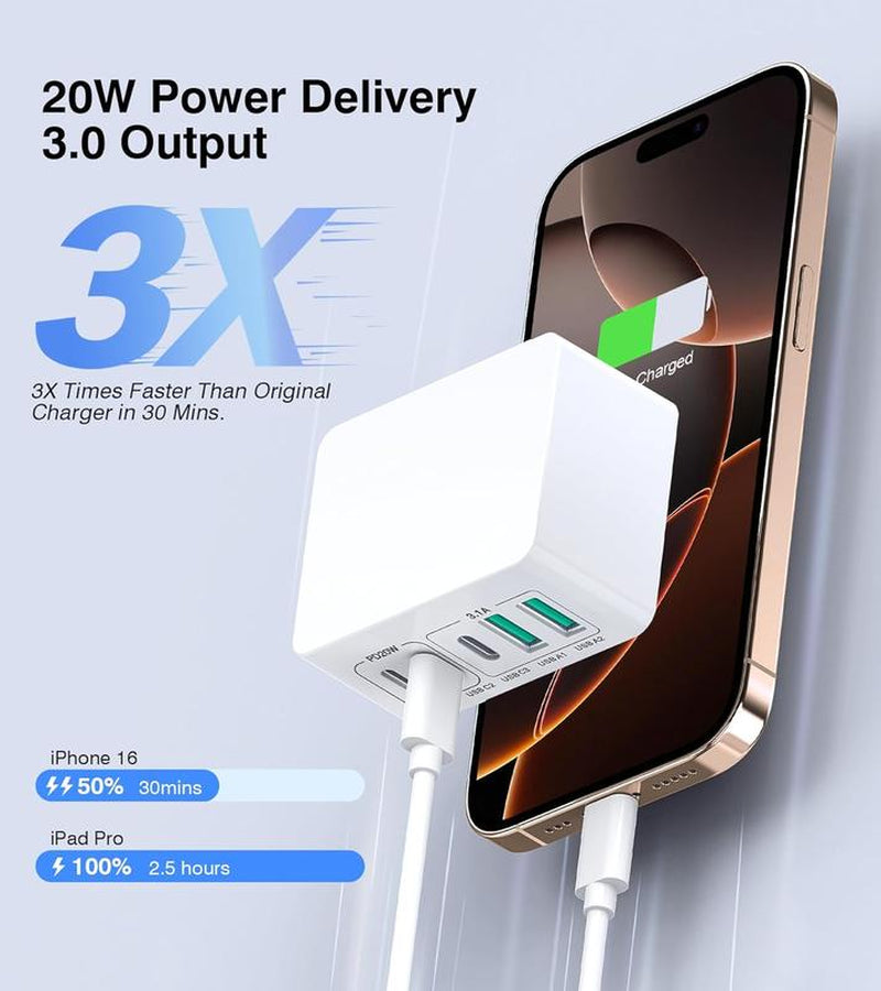 50W Dual USB C Charger Block - 5-Port Fast Charging Cube (2-Pack) for iPhone, iPad, Samsung - PD Power Adapter & QC 3.0 Wall Plug