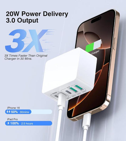 50W Dual USB C Charger Block - 5-Port Fast Charging Cube (2-Pack) for iPhone, iPad, Samsung - PD Power Adapter & QC 3.0 Wall Plug