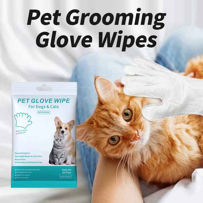 6-Pack No-Rinse Pet Cleaning Gloves - Gentle and Convenient Bath Wipes for Cats and Dogs
