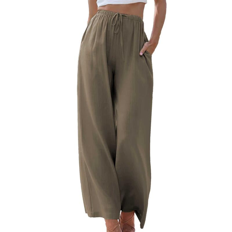 Women's Cotton Linen Palazzo Pants with Pockets - Casual Wide Leg Trousers featuring Drawstring Elastic Waist