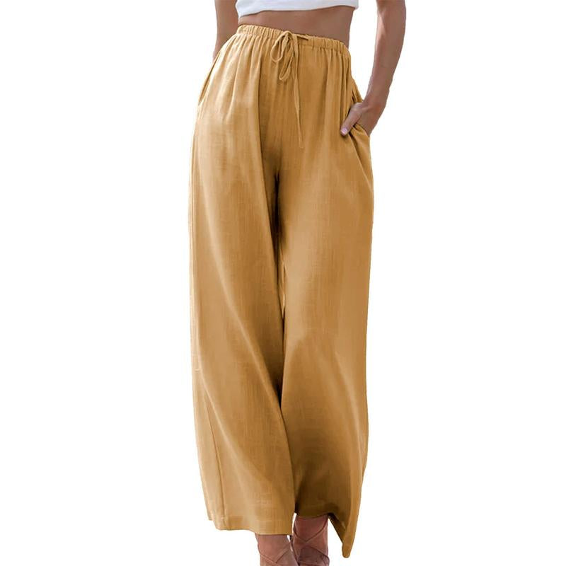 Women's Cotton Linen Palazzo Pants with Pockets - Casual Wide Leg Trousers featuring Drawstring Elastic Waist