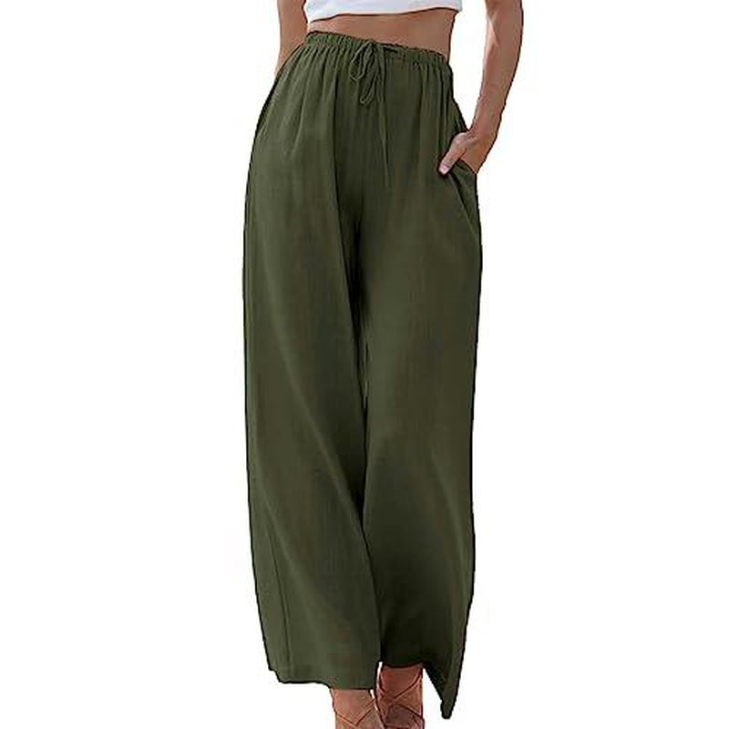 Women's Cotton Linen Palazzo Pants with Pockets - Casual Wide Leg Trousers featuring Drawstring Elastic Waist