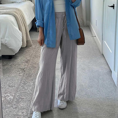 Women's Cotton Linen Palazzo Pants with Pockets - Casual Wide Leg Trousers featuring Drawstring Elastic Waist