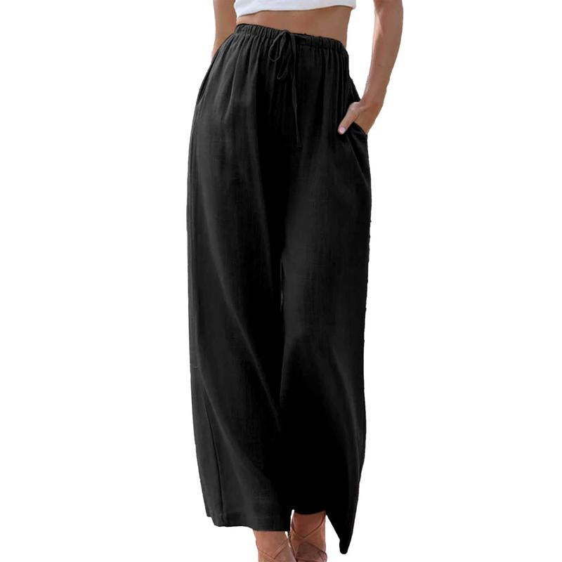 Women's Cotton Linen Palazzo Pants with Pockets - Casual Wide Leg Trousers featuring Drawstring Elastic Waist