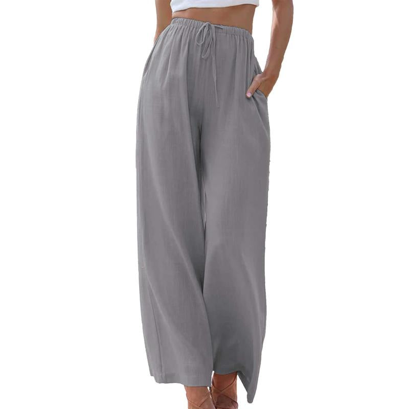 Women's Cotton Linen Palazzo Pants with Pockets - Casual Wide Leg Trousers featuring Drawstring Elastic Waist