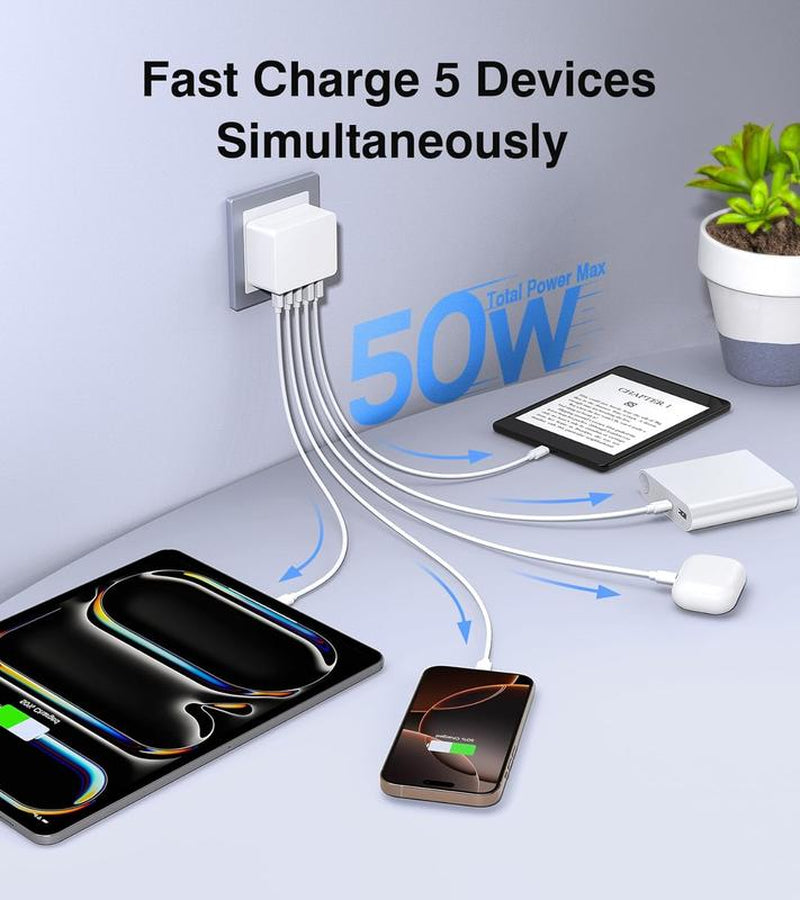 50W Dual USB C Charger Block - 5-Port Fast Charging Cube (2-Pack) for iPhone, iPad, Samsung - PD Power Adapter & QC 3.0 Wall Plug