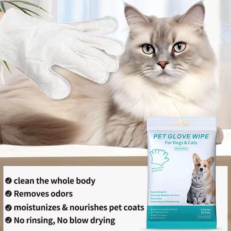 6-Pack No-Rinse Pet Cleaning Gloves - Gentle and Convenient Bath Wipes for Cats and Dogs