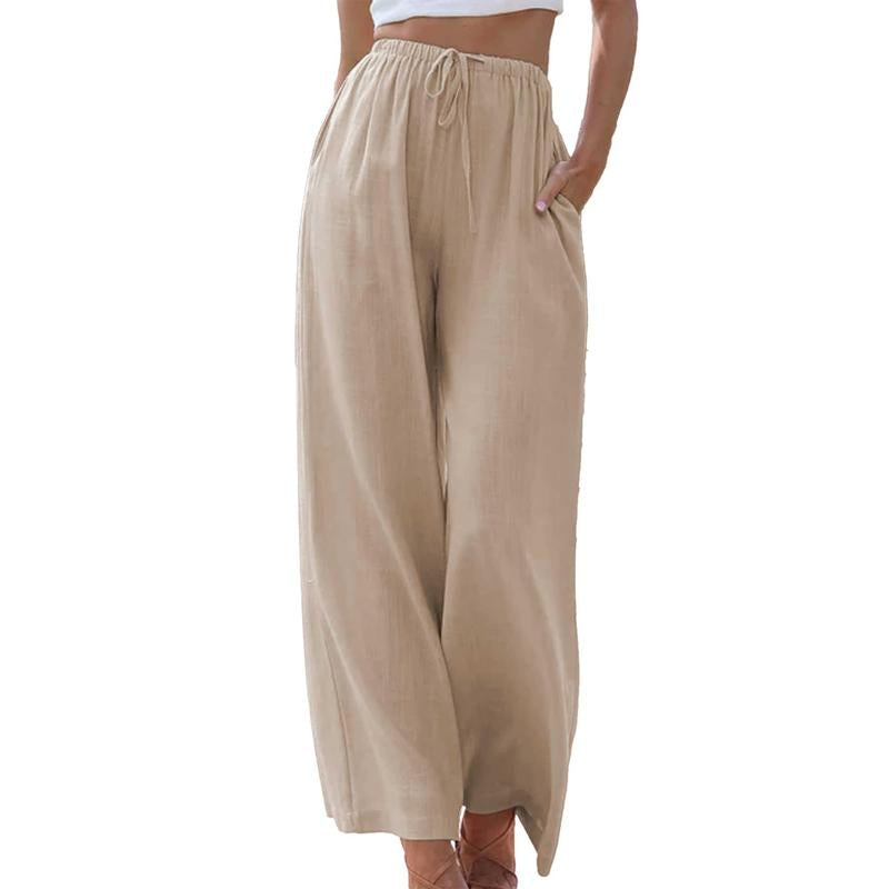 Women's Cotton Linen Palazzo Pants with Pockets - Casual Wide Leg Trousers featuring Drawstring Elastic Waist
