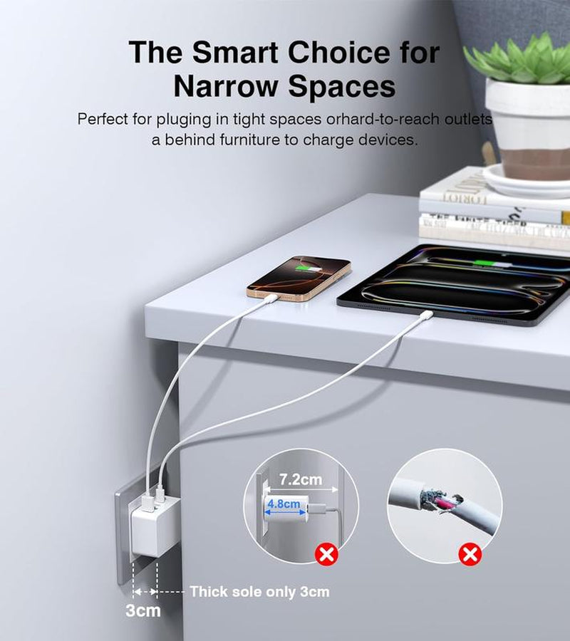 50W Dual USB C Charger Block - 5-Port Fast Charging Cube (2-Pack) for iPhone, iPad, Samsung - PD Power Adapter & QC 3.0 Wall Plug
