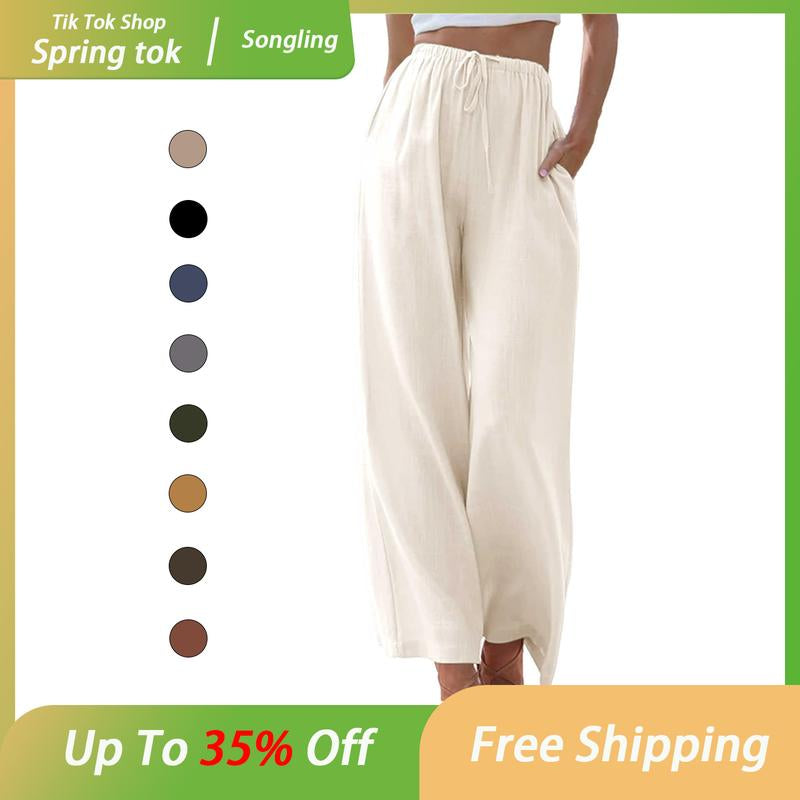 Women's Cotton Linen Palazzo Pants with Pockets - Casual Wide Leg Trousers featuring Drawstring Elastic Waist