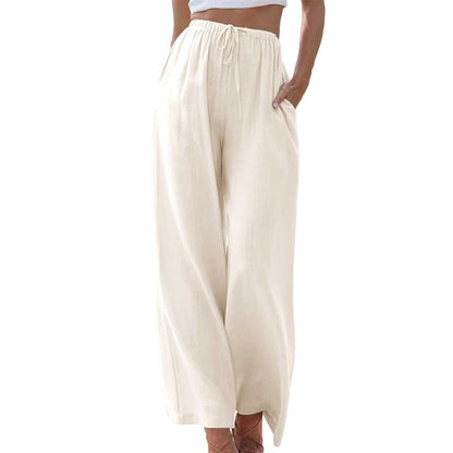 Women's Cotton Linen Palazzo Pants with Pockets - Casual Wide Leg Trousers featuring Drawstring Elastic Waist