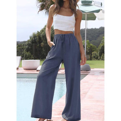 Women's Cotton Linen Palazzo Pants with Pockets - Casual Wide Leg Trousers featuring Drawstring Elastic Waist