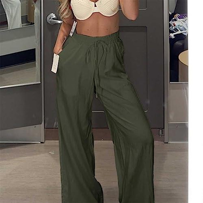 Women's Cotton Linen Palazzo Pants with Pockets - Casual Wide Leg Trousers featuring Drawstring Elastic Waist