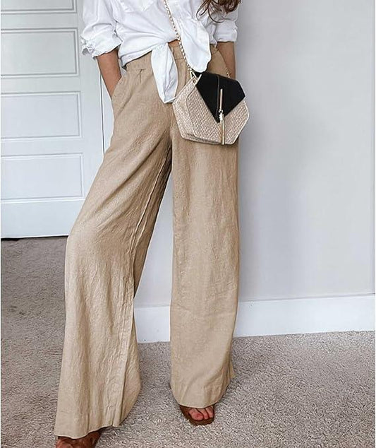 Women's Cotton Linen Palazzo Pants with Pockets - Casual Wide Leg Trousers featuring Drawstring Elastic Waist